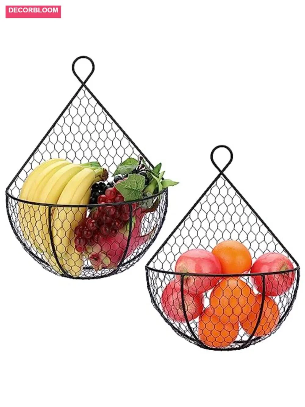 Set of 2 Wall-Mounted Hanging Metal Fruit Vegetable Baskets with Hooks
